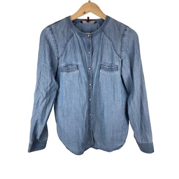 Comptoir Des Cotonniers Women's M Blue Lyocell Pearl Snap Front Shirt - Picture 1 of 9